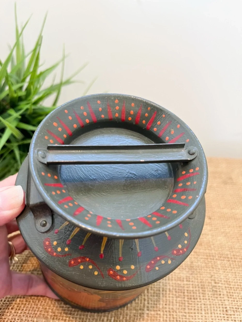 Vintage Tole Painted Folk Art Fruit Tin Container with Lid